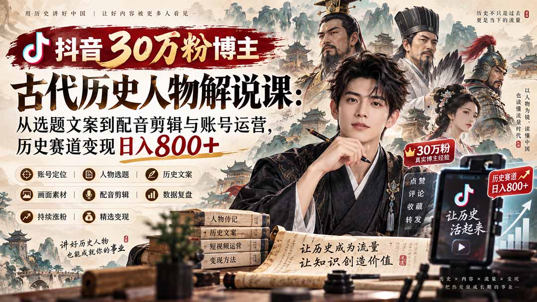 抖音30万粉博主古代历史人物解说课：从选题文案到配音剪辑与账号运营，历史赛道变现日入800+-weichuangqy