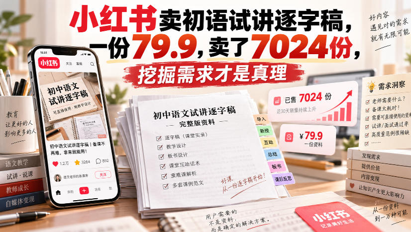 小红书卖初语试讲逐字稿，一份79.9，卖了7024份，挖掘需求才是真理-weichuangqy