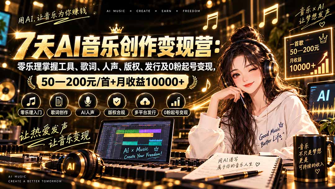 AI音乐创作变现营：零乐理掌握工具、歌词、人声、版权、发行及0粉起号变现，50—200元/首+月收益10000+-weichuangqy