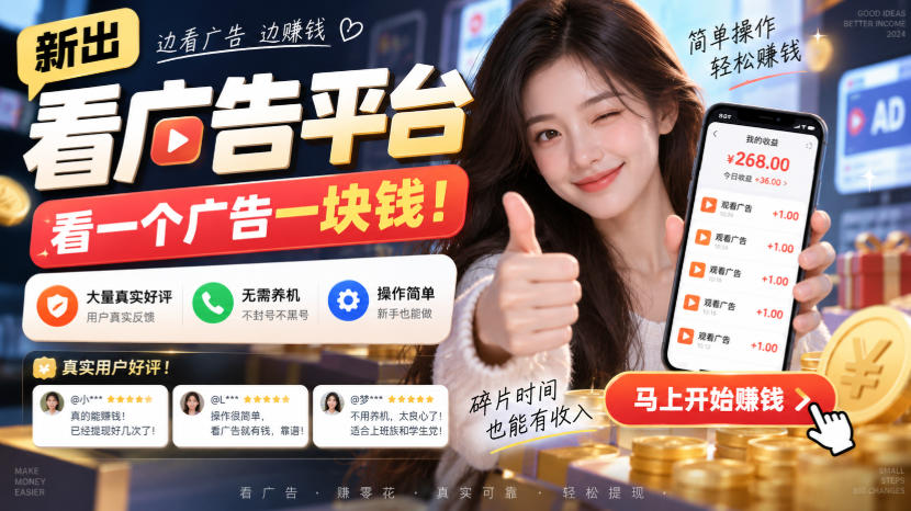 新出看广告平台，看一个广告一块钱，大量真实好评！无需养机、不会黑号，操作简单【揭秘】-weichuangqy