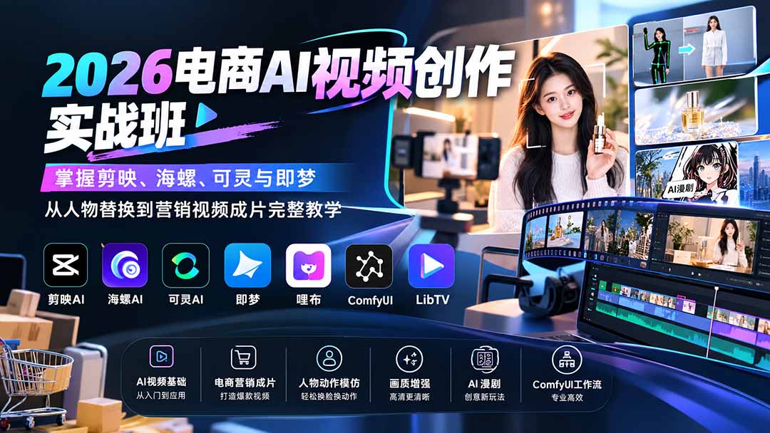 2026电商AI视频创作实战班：掌握剪映、海螺、可灵与即梦，从人物替换到营销视频成片完整教学-weichuangqy