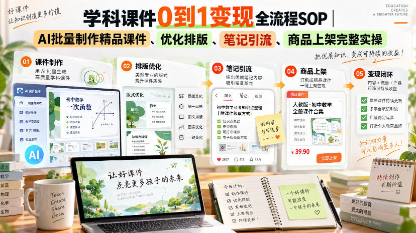 学科课件0到1变现全流程SOP｜AI批量制作精品课件、优化排版、笔记引流、商品上架完整实操​-weichuangqy