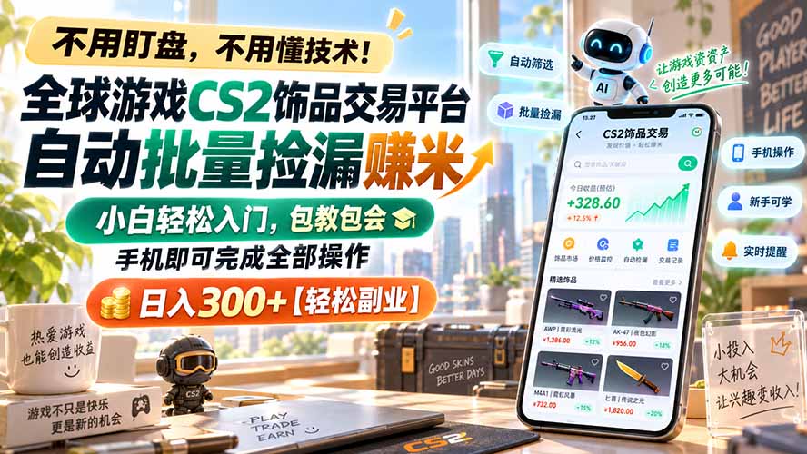 全球游戏CS2饰品交易平台自动批量捡漏赚米，小白轻松入门，包教包会，手机即可完成全部操作，日入300+【轻松副业】-weichuangqy