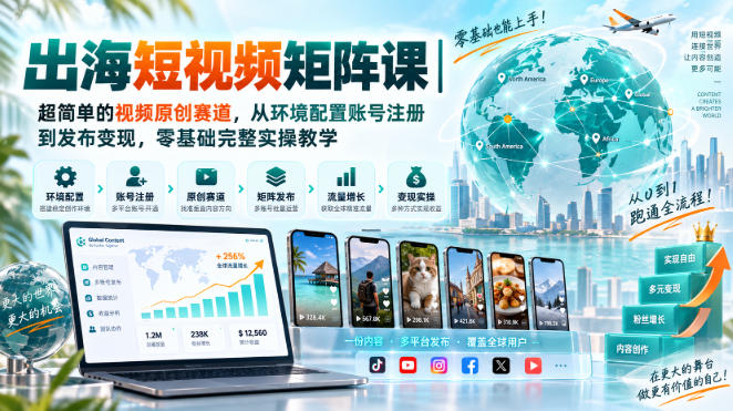 出海短视频矩阵课｜超简单的视频原创赛道，从环境配置账号注册到发布变现，零基础完整实操教学-weichuangqy
