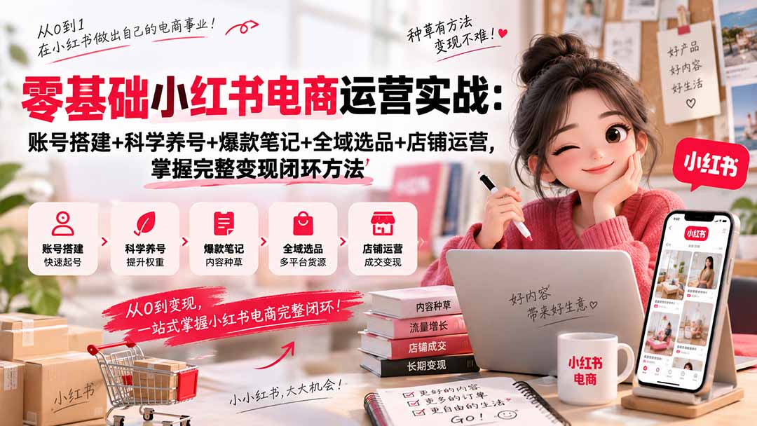 零基础小红书电商运营实战：账号搭建+科学养号+爆款笔记+全域选品+店铺运营，掌握完整变现闭环方法-weichuangqy