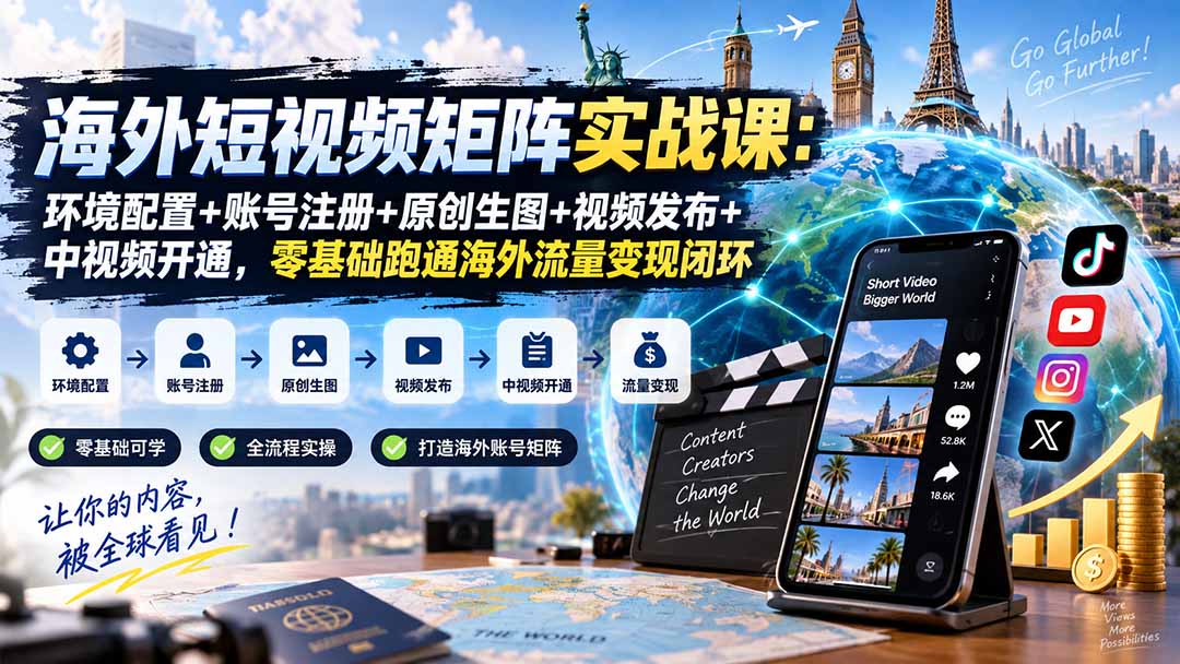 海外短视频矩阵实战课：环境配置+账号注册+原创生图+视频发布+中视频开通，零基础跑通海外流量变现闭环-weichuangqy