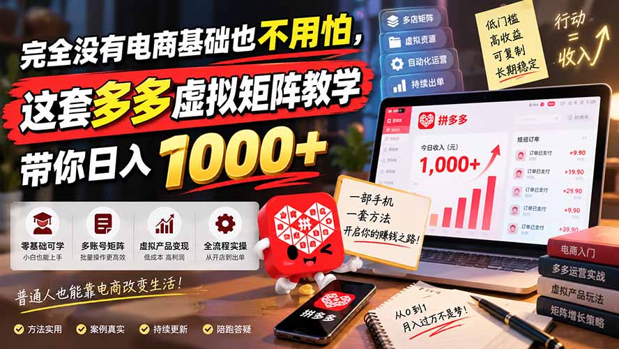 完全没有电商基础也不用怕，这套多多虚拟矩阵教学带你日入 1000+-weichuangqy