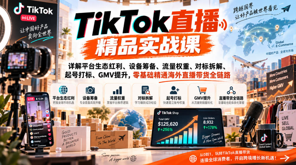 TikTok直播精品实战课，详解平台生态红利、设备筹备、流量权重、对标拆解、起号打标、GMV提升，零基础精通海外直播带货全链路-weichuangqy