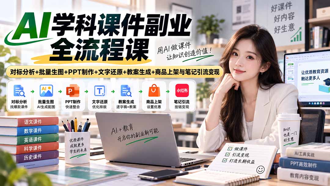 AI学科课件副业全流程课｜对标分析+批量生图+PPT制作+文字还原+教案生成+商品上架与笔记引流变现-weichuangqy
