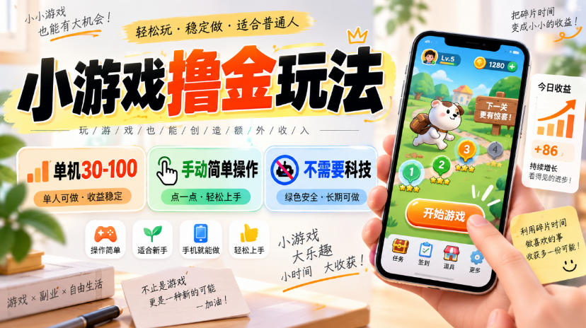 小游戏撸金玩法，单机30-100，手动简单操作，不需要科技-weichuangqy