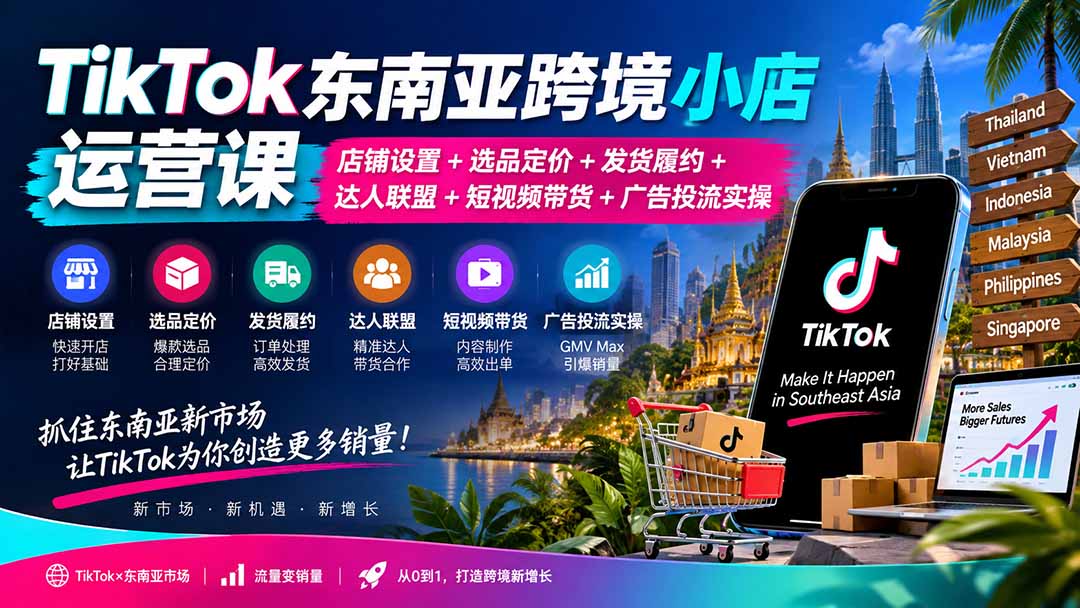 TikTok东南亚跨境小店运营课：店铺设置+选品定价+发货履约+达人联盟+短视频带货+广告投流实操-weichuangqy