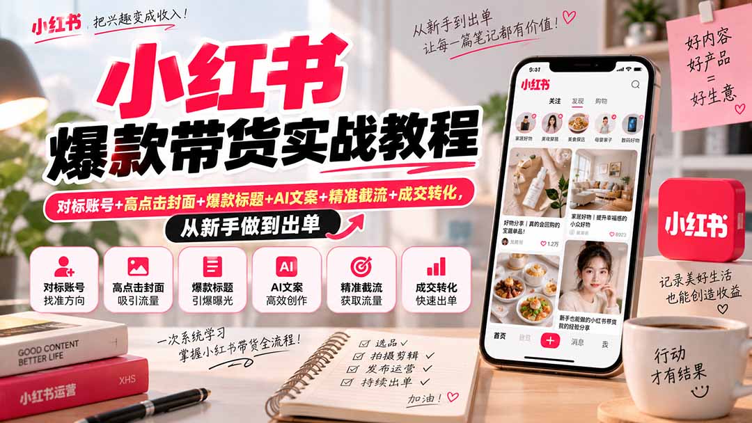 小红书爆款带货实战教程｜对标账号+高点击封面+爆款标题+AI文案+精准截流+成交转化，从新手做到出单-weichuangqy