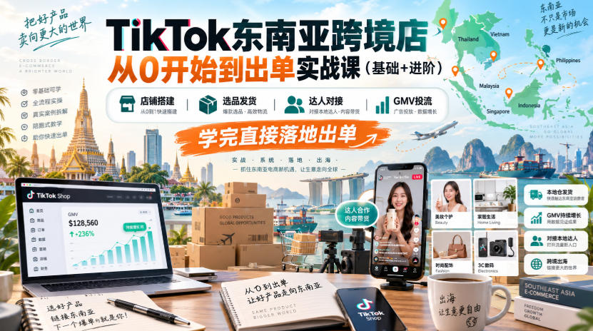 TikTok东南亚跨境店从0开始到出单实战课(基础+进阶)，店铺搭建、选品发货、达人对接、GMV投流，学完直接落地出单-weichuangqy