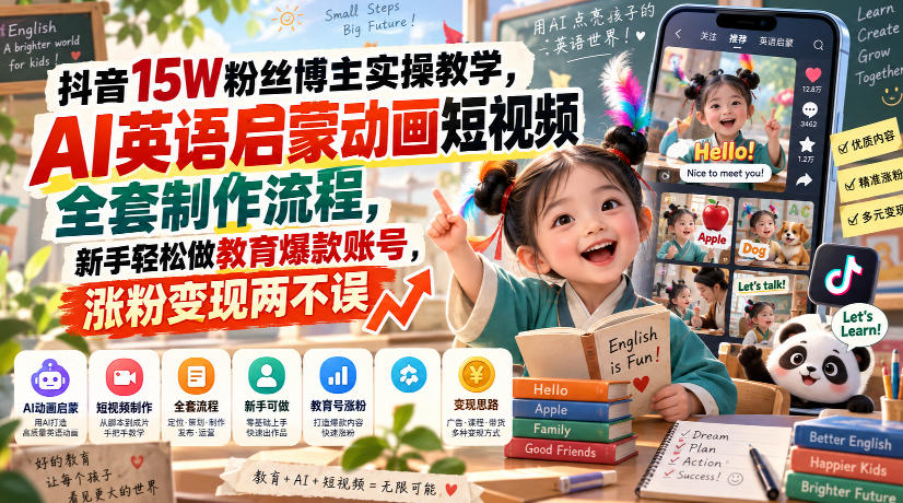 抖音15W粉丝博主实操教学，AI英语启蒙动画短视频全套制作流程，新手轻松做教育爆款账号，涨粉变现两不误-weichuangqy