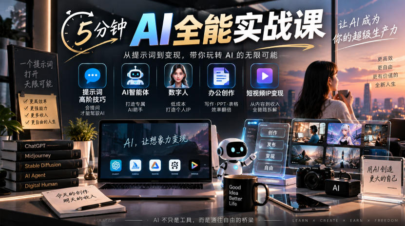 5分钟AI全能实战课｜提示词高阶技巧+AI智能体+数字人+办公创作+短视频IP变现全教程-weichuangqy