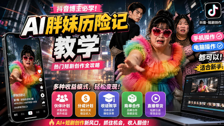 抖音博主的AI胖妹历险记教学，伙伴计划+分成计划+收徒+商单等多种收益，适合新手，手机电脑都可以操作-weichuangqy