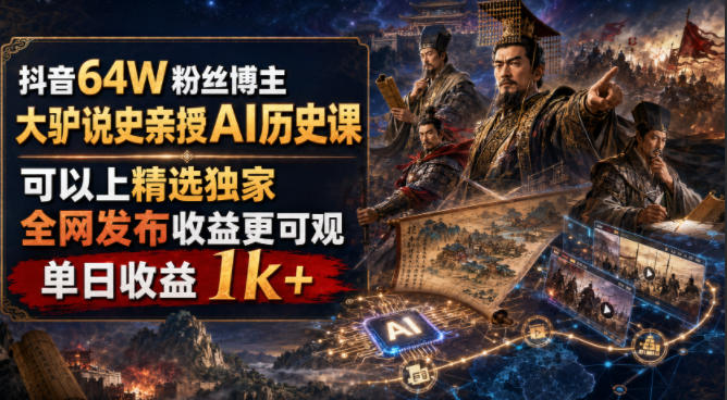 抖音64W粉丝博主大驴说史亲授AI历史课，可以上精选独家，全网发布收益更可观，单日收益1k+(更新)-weichuangqy
