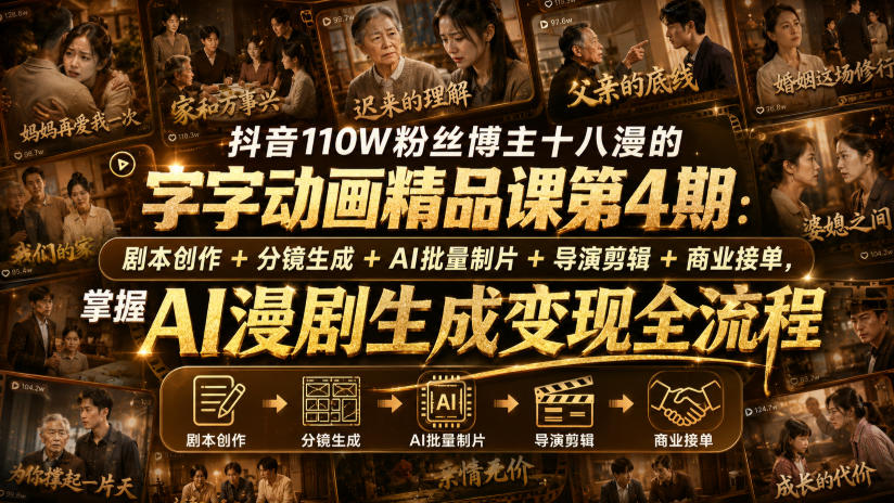 抖音110W粉丝博主十八漫的字字动画精品课第4期：剧本创作+分镜生成+剪辑+商业接单，掌握AI漫剧生成变现全流程(更新0916)-weichuangqy