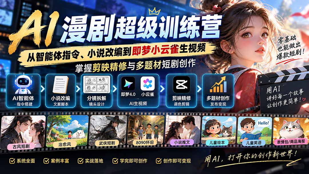 AI漫剧超级特训营：从智能体指令、小说改编到即梦小云雀生视频，掌握剪映精修与多题材短剧创作-weichuangqy