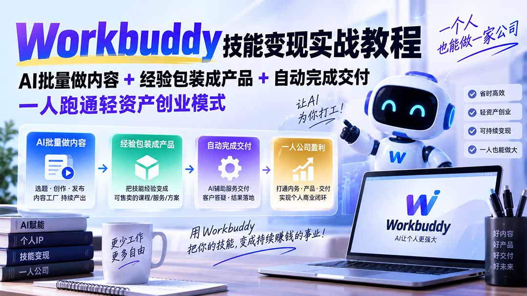 Workbuddy技能变现实战教程：AI批量做内容+经验包装成产品+自动完成交付，一人跑通轻资产创业模式-weichuangqy