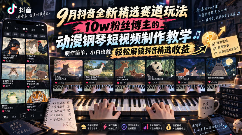 9月抖音全新精选赛道玩法，10w粉丝博主的动漫钢琴短视频制作教学，制作简单，小白也能轻松解锁抖音精选收益-weichuangqy