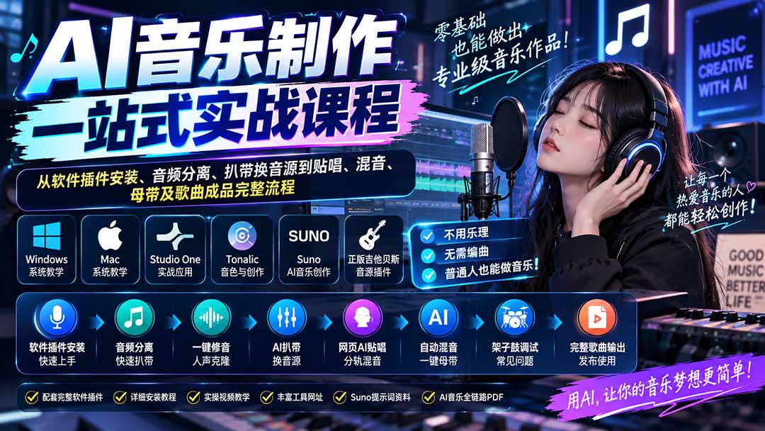 AI音乐制作一站式实战课程：从软件插件安装、音频分离、扒带换音源到贴唱、混音、母带及歌曲成品完整流程-weichuangqy