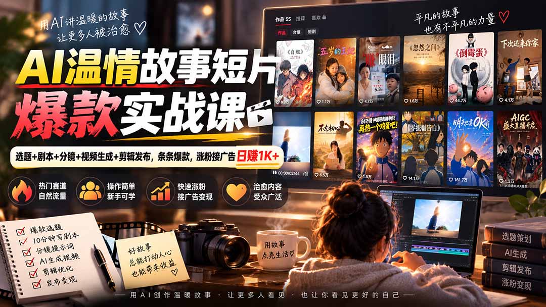 AI温情故事短片爆款实战课-更新｜选题+剧本+分镜+视频生成+剪辑发布，条条爆款，涨粉接广告日赚1K+-weichuangqy