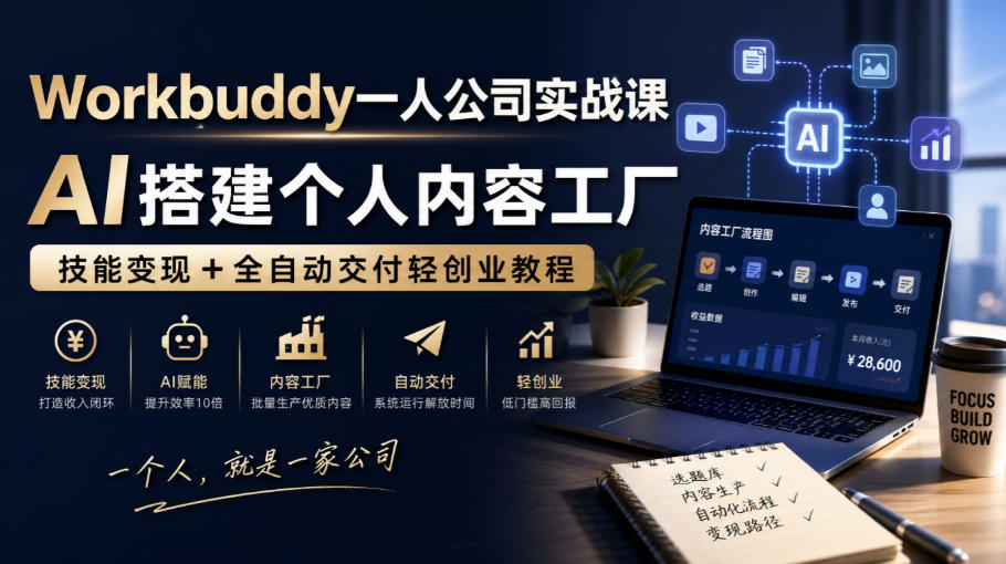 Workbuddy一人公司实战课，AI搭建个人内容工厂，技能变现+全自动交付轻创业教程​-weichuangqy