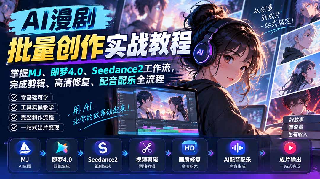 AI漫剧批量创作实战教程：掌握MJ、即梦4.0、Seedance2工作流，完成剪辑、高清修复、配音配乐全流程-weichuangqy