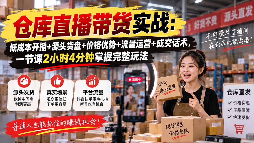 仓库直播带货实战：低成本开播+源头货盘+价格优势+流量运营+成交话术，一节课2小时4分钟掌握完整玩法-weichuangqy
