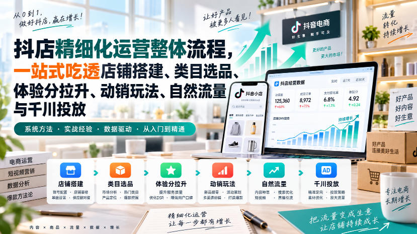 李哥电商-抖店精细化运营整体流程，一站式吃透店铺搭建、类目选品、体验分拉升、动销玩法、自然流量与千川投放-weichuangqy