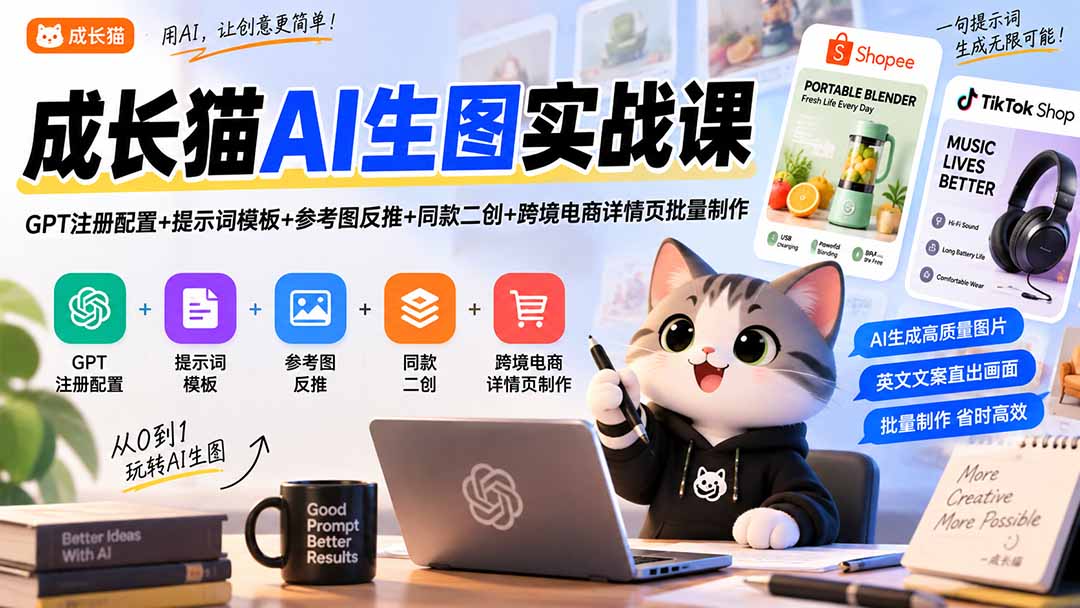 成长猫AI生图实战课｜GPT注册配置+提示词模板+参考图反推+同款二创+跨境电商详情页批量制作-weichuangqy