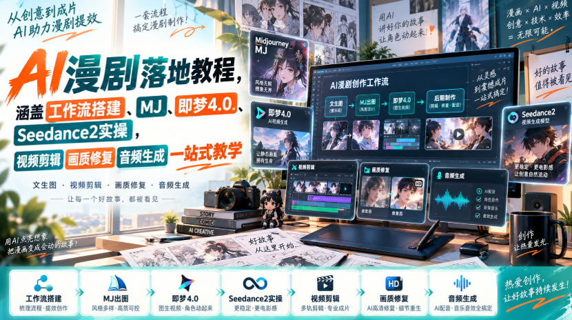 AI漫剧落地教程，涵盖工作流搭建、MJ、即梦4.0、Seedance2实操，视频剪辑画质修复音频生成一站式教学-weichuangqy