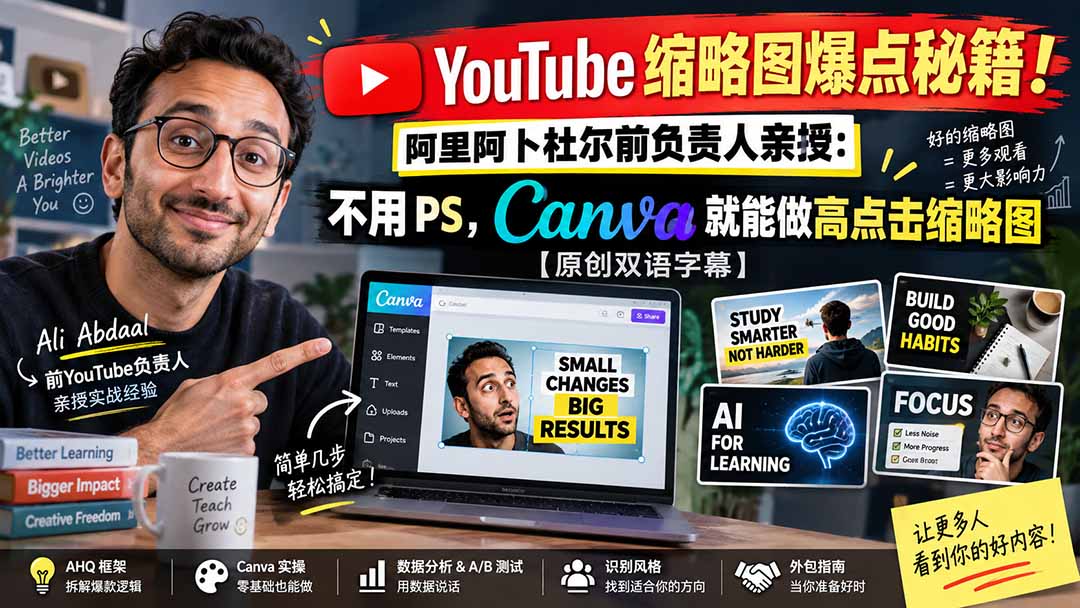 YouTube 缩略图爆点秘籍！阿里阿卜杜尔前负责人亲授：不用 PS，Canva 就能做高点击缩略图【原创双语字幕】-weichuangqy