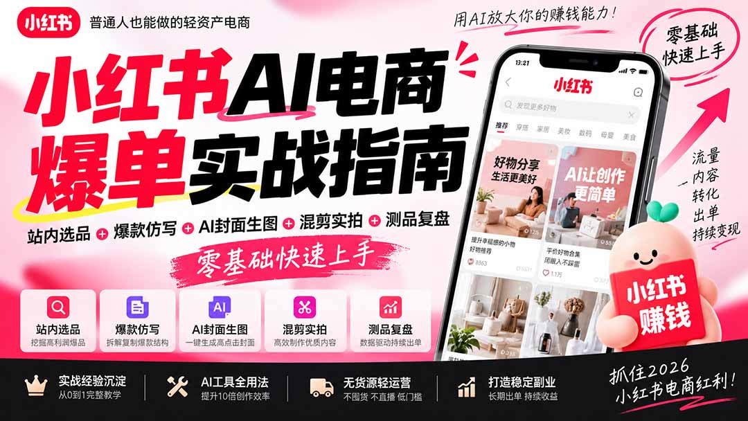 2026小红书AI电商爆单实战指南：站内选品+爆款仿写+AI封面生图+混剪实拍+测品复盘，零基础快速上手-weichuangqy