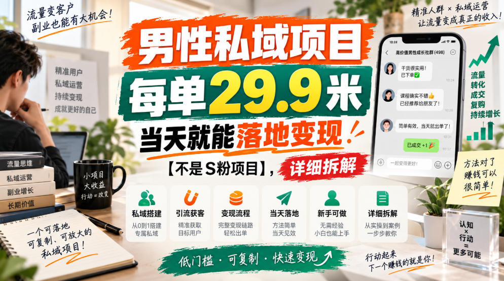 男性私域项目，每单29.9米，当天就能落地变现【不是S粉项目】，详细拆解-weichuangqy