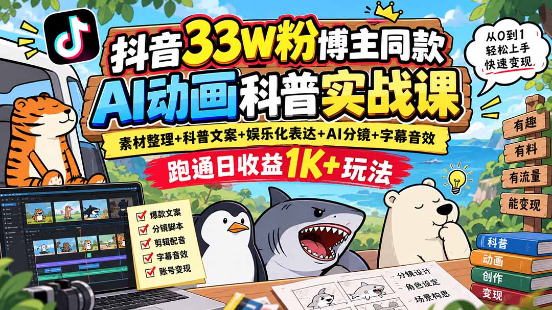抖音33W粉博主同款AI动画科普实战课｜素材整理+科普文案+娱乐化表达+AI分镜+字幕音效，跑通日收益1K+玩法-weichuangqy