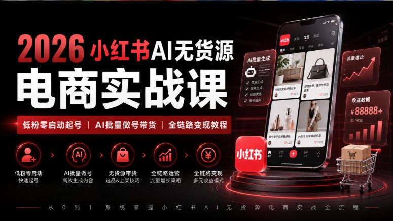 2026小红书AI无货源电商实战课｜低粉零启动起号｜AI批量做号带货全链路变现教程-weichuangqy