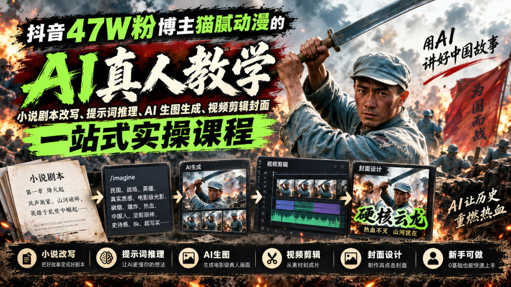 抖音47W粉博主猫腻动漫的AI真人漫剧教学，小说剧本改写、提示词推理、AI生图生成、视频剪辑封面一站式实操课程-weichuangqy
