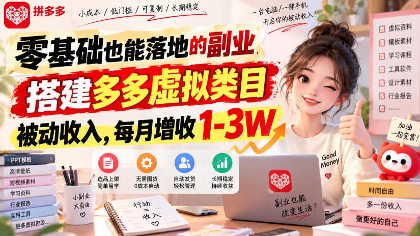 零基础也能落地的副业，搭建多多虚拟类目被动收入，每月增收1-3W【揭秘】-weichuangqy