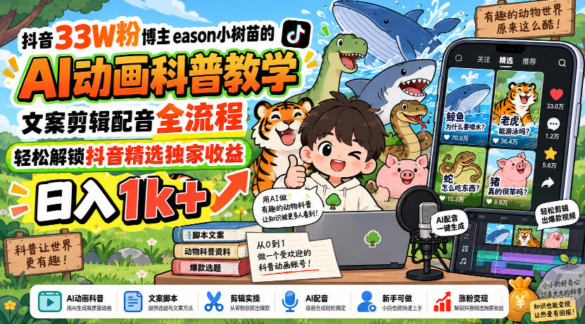 抖音33W粉博主eason小树苗的AI动画科普教学，文案剪辑配音全流程，轻松解锁抖音精选独家收益，日入1k+-weichuangqy