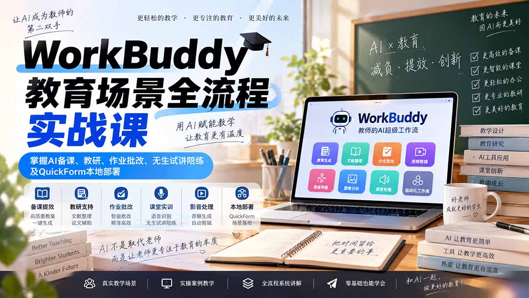WorkBuddy教育场景全流程实战课：掌握AI备课、教研、作业批改、无生试讲陪练及QuickForm本地部署-weichuangqy