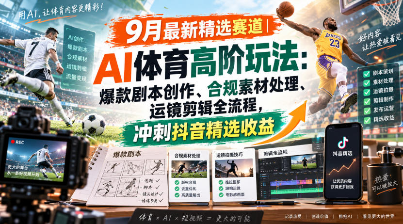 某大佬的9月最新精选赛道之AI体育顶级玩法，爆款剧本创作、版权规避、运镜剪辑全流程，稳拿抖音精选收益-weichuangqy