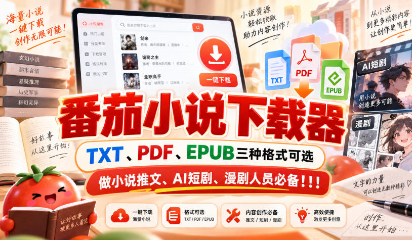 番茄小说下载器，TXT、PDF、EPUB三种格式可选，做小说推文、AI短剧、漫剧人员必备！！！-weichuangqy