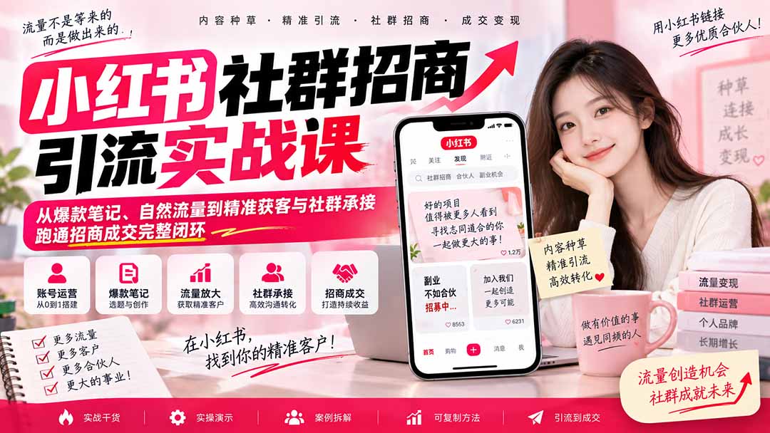小红书社群招商引流实战课-无水印：从爆款笔记、自然流量到精准获客与社群承接，跑通招商成交完整闭环-weichuangqy