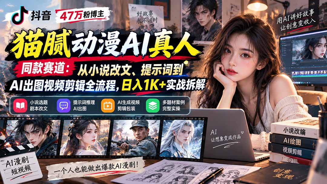抖音47万粉博主猫腻动漫AI真人同款赛道：从小说改文、提示词到AI出图视频剪辑全流程，日入1K+实战拆解-weichuangqy