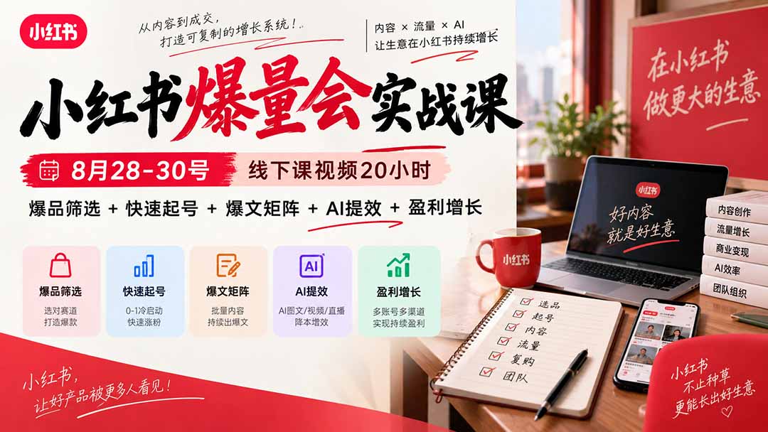 小红书爆量会实战课-更新9月17：线下课视频20小时，爆品筛选+快速起号+爆文矩阵+AI提效+盈利增长-weichuangqy