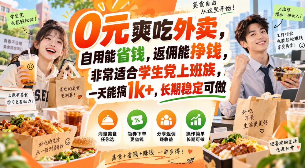 0元爽吃外卖，自用能省钱，返佣能挣钱，非常适合学生党上班族，一天能搞1k+，长期稳定可做-weichuangqy