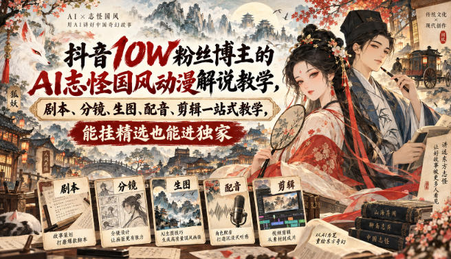 抖音10W粉丝博主满堂诡事的AI志怪国风动漫解说教学，剧本、分镜、生图、配音、剪辑一站式教学，能挂精选也能进独家​-weichuangqy