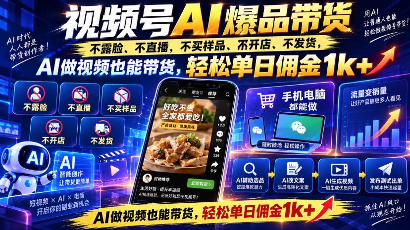 视频号Ai爆品带货，不露脸、不直播、不买样品、不开店、不发货，AI做视频也能带货，轻松单日佣金1k+-weichuangqy